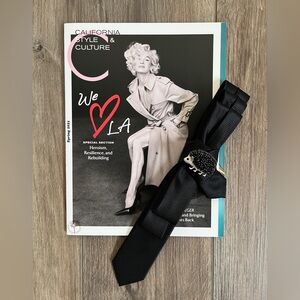 Stunning Black Slim Tie Necklace with Beautiful Brooch by Bougie Rouge